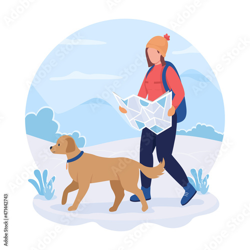 Woman on hiking route 2D vector isolated illustration. Girl with map walking with pet. Backapacker with dog flat character on cartoon background. Active wintertime recreation colourful scene