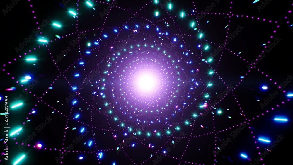 Glowing Spiral Neon Disco Light on the Geometric Pattern Background Glowing Spiral Neon Disco Light on the Geometric Pattern Background