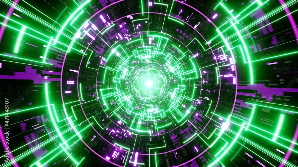 Glowing Green Circuit Pattern Line in the Purple Technology Tunnel