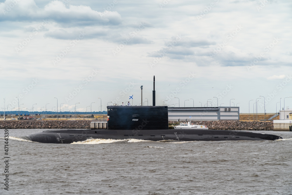 Russia. July 25, 2021. Celebration of the Navy Day. The diesel-electric submarine Vladikavkaz runs along the southern coast of Kronstadt.