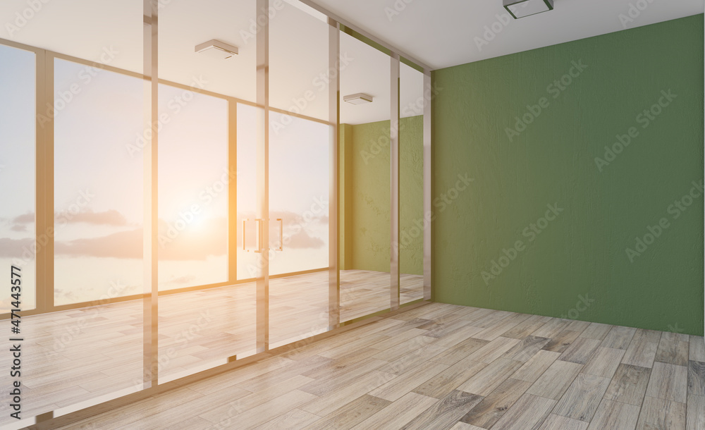 Modern office building interior. 3D rendering.. Sunset.
