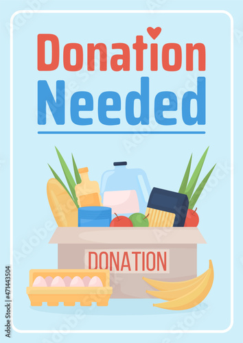 Donation needed poster flat vector template. Contribution to social welfare. Brochure, booklet one page concept design with cartoon characters. Offering foor for charity flyer, leaflet with copy space