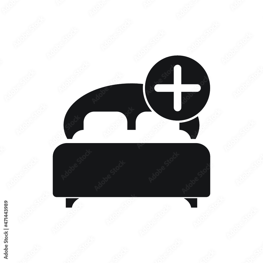 Bed icon with add sign. Bed icon and new, plus, positive symbol. Bed icon with add sign. Bed icon and new, plus, positive symbol.