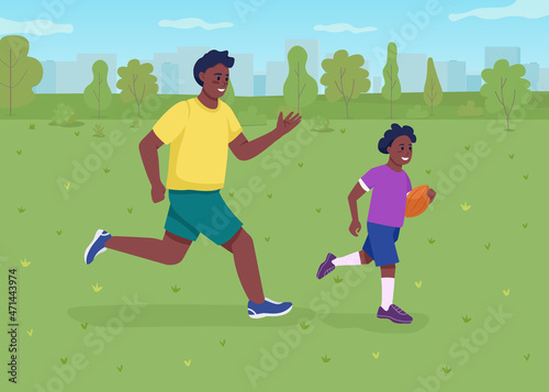 Playing american football with dad flat color vector illustration. Training camp. Running football trainer and kid. Smiling father and son 2D cartoon characters with green field on background