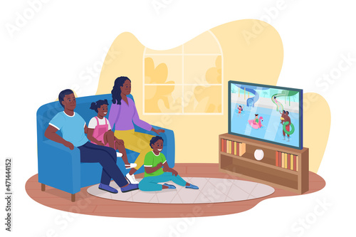 Watching old family videos and photos 2D vector isolated illustration. Happy family members sitting on sofa flat characters on cartoon background. Creating close family bond colourful scene