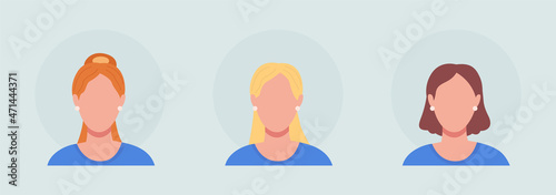 Woman with three hair types color semi flat color vector character avatar set. Portrait from front view. Isolated modern cartoon style illustration for graphic design and animation pack