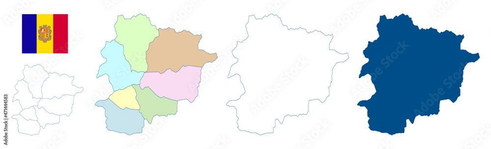 Andorra map. Set of vector maps. Detailed blue outline and silhouette. Administrative divisions and communities. Parishes of Andorra. Country flag. All isolated on white background. Andorra map. Set of vector maps. Detailed blue outline and silhouette. Administrative divisions and communities. Parishes of Andorra. Country flag. All isolated on white background.