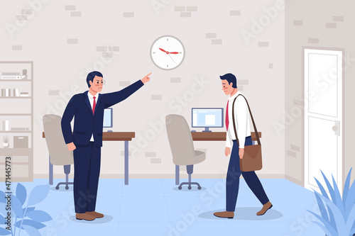 Late to work flat color vector illustration. Boss angry at employee for tardiness. Challenges at office job. Colleagues 2D cartoon characters with corporate workplace interior on background photo