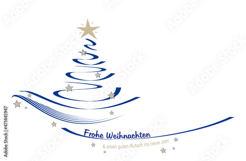 weihnachtskarte - motiv moderner tannenbaum mit blauen linien und sternen in grau/beige mit schriftzug frohe weihnachten und einen guten rutsch ins neue jahr