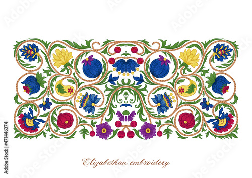 Fantasy flowers in retro vintage embroidery style. Element for design. Colored vector illustration.