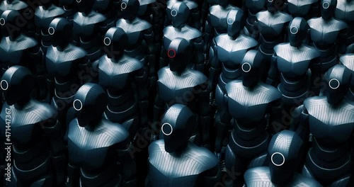 Robots Marching Slowly. Their Leader Is In The Center. Tech War Scene. Technology Related Abstract 3D Concept Animation. photo