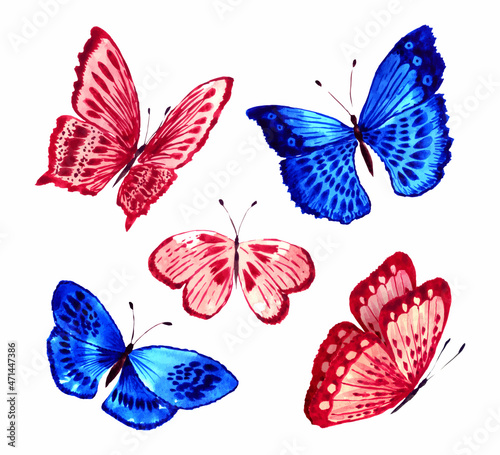 Watercolor composition of blue and pink butterflies isolated on white. © liliia_sinhina
