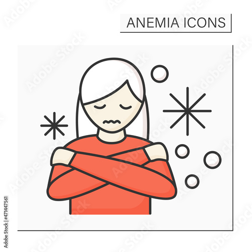 Anemia color icon. Disease symptoms. Woman has cold hands and feet. Low hemoglobin, body temperature. Health protection concept. Isolated vector illustration