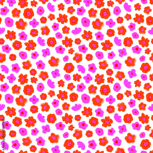 Baby doll ditsy seamless pattern on white background. Orange, violet floral repeat print. Cute botanical design for textile, fabric, wallpaper and decoration.