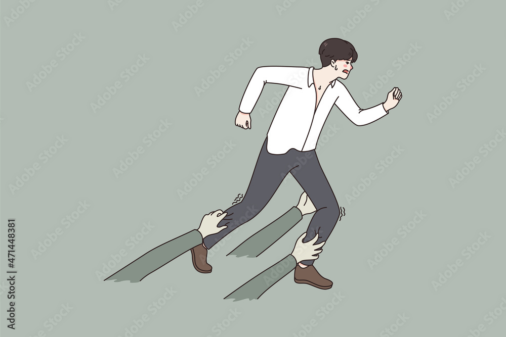 Overcoming difficulties in business concept. Stressed tired man worker running forward with many hands of rivals trying to stop him on his way vector illustration 