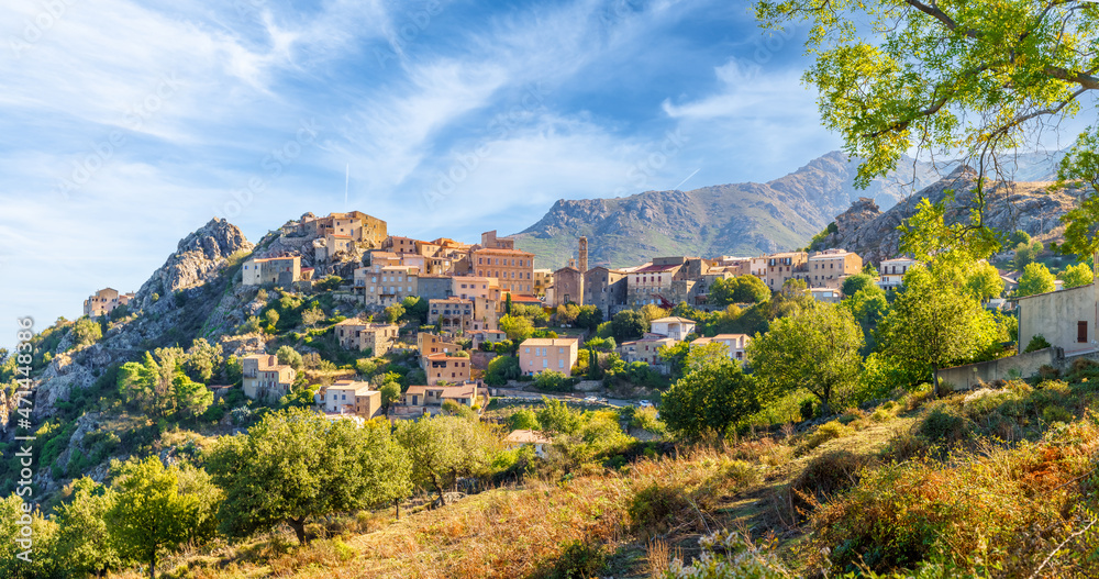 Landscape with Speloncato village in Corsica, French