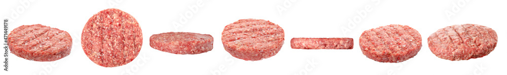 Set with fresh raw burger patties on white background. Banner design Set with fresh raw burger patties on white background. Banner design