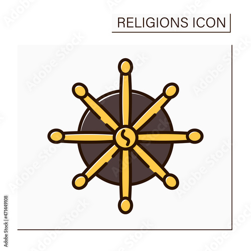 Buddhism color icon. Religious and philosophical faith focused on Budda personality. Ancient India tradition. Dharmachakra wheel. Religion concept. Isolated vector illustration