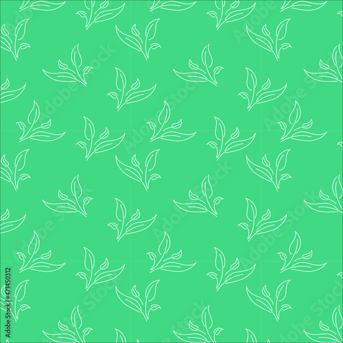 A simple and elegant seamless pattern of hand drawn white outline of leaves in green background