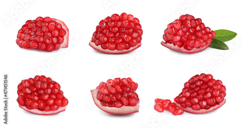 Pieces of ripe juicy pomegranate on white background, collage. Banner design