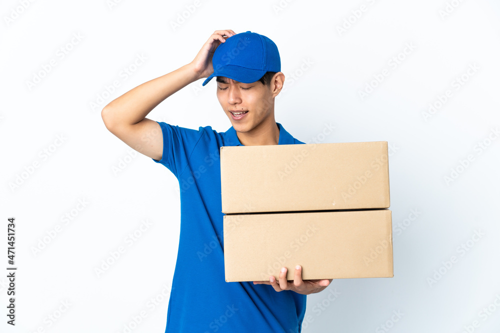Delivery Chinese man isolated on white background laughing Delivery Chinese man isolated on white background laughing