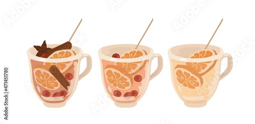 Glass mug. Hot fruit tea with spices for immunity. Antiflu. Oranges, red berries. Spices, cinnamon. Vector isolated colorful illustration on a white background. 