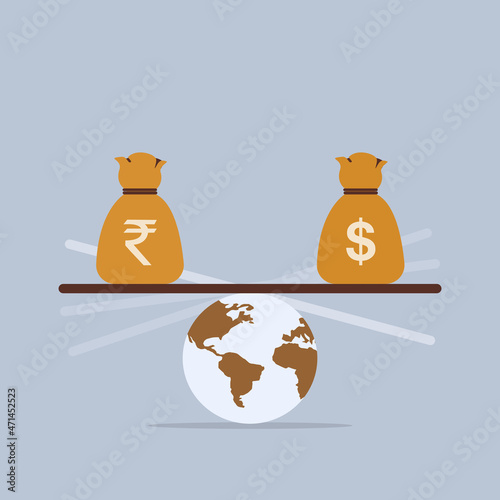 Conceptual illustration of money bags containing Indian Rupee and US Dollar are getting balanced over the globe