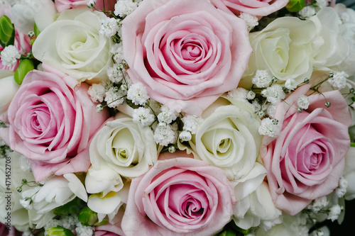  White and pink roses close-up top view with space for text. Wedding background of delicate roses. Light floral background