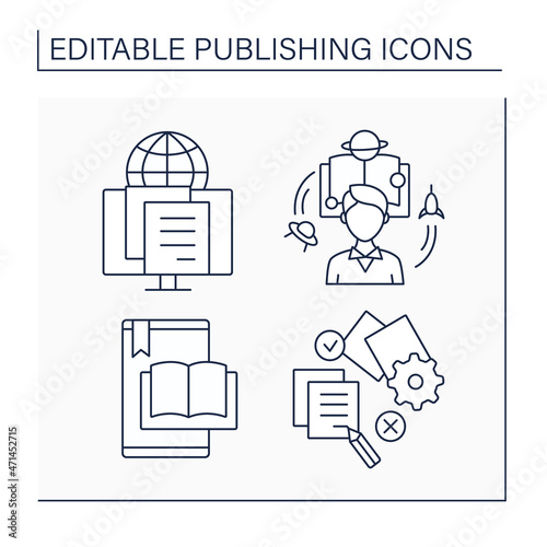 Publishing line icons set. E-book, edit, e-publish and fiction. Publishing concept. Isolated vector illustrations. Editable stroke