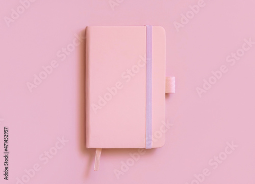 Pink hardcover notebook on light pink top view. Textbook cover mockup photo