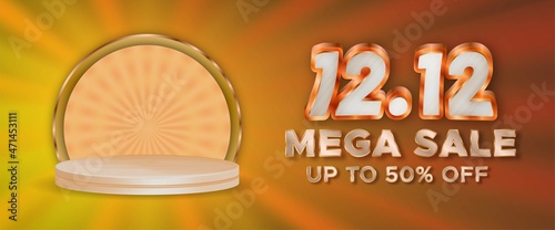 12 12 mega sales metallic elegance editable text with 3d podium display on sunburst background