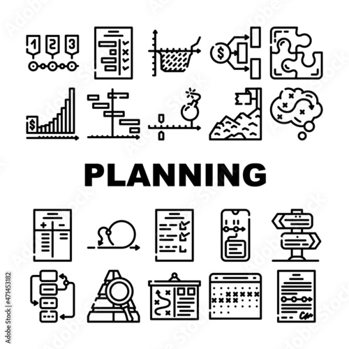 Planning Startup Project Strategy Icons Set Vector. Check List With Task And Calendar With Deadline Date For Planning Goal, Success Achievement And Financial Deposit Contour Illustrations