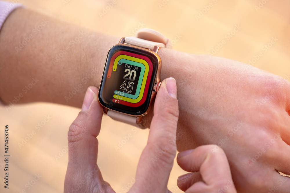 Close up image of the new smart watch on woman wrist Close up image of the new smart watch on woman wrist