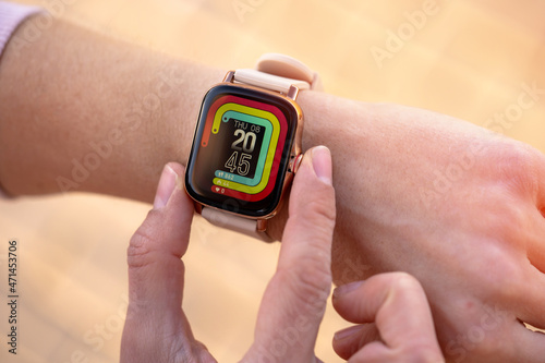 Close up image of the new smart watch on woman wrist