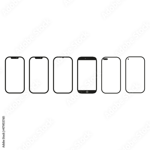 Realistic models smartphone with transparent screens. Smartphone mockup collection. Device front view. 3D mobile phone with shadow on transparent background - stock vector. 