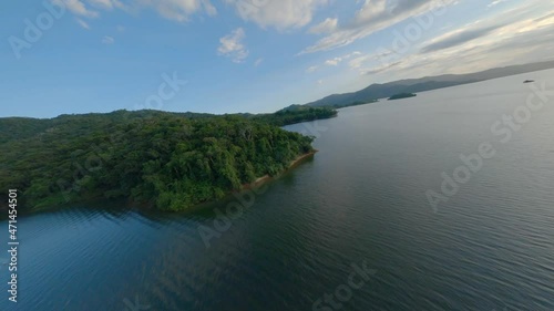 Aerial drone fpv over Hatillo dam in Dominican Republic photo