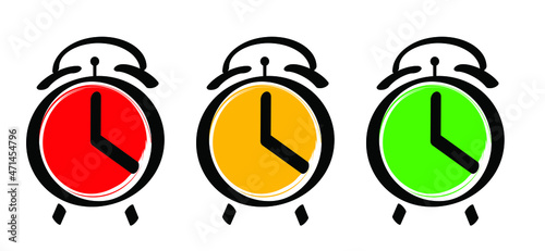Old alarmclock icon or pictogram. Cartoon vector alarm clock symbol. Wakeup clocks or clock rings. Grunge line watch icons. Red, orange, green sign. deadline timer photo