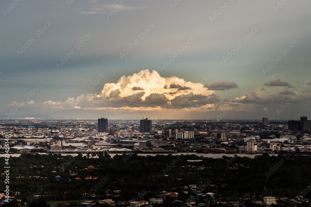 Bangkok, Thailand - Sep 02, 2021 : Aerial view of Beautiful afternoon time over large metropol city in Asia. With tall building and skyscraper in background. No focus, specifically. Bangkok, Thailand - Sep 02, 2021 : Aerial view of Beautiful afternoon time over large metropol city in Asia. With tall building and skyscraper in background. No focus, specifically.