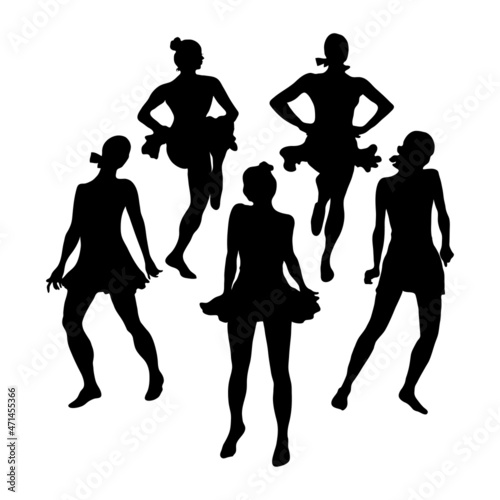Vector female dancers silhouettes. Five girls in dance poses. Front view of people. Young active women have fun dancing