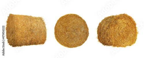 Set with dried straw bales on white background. Banner design