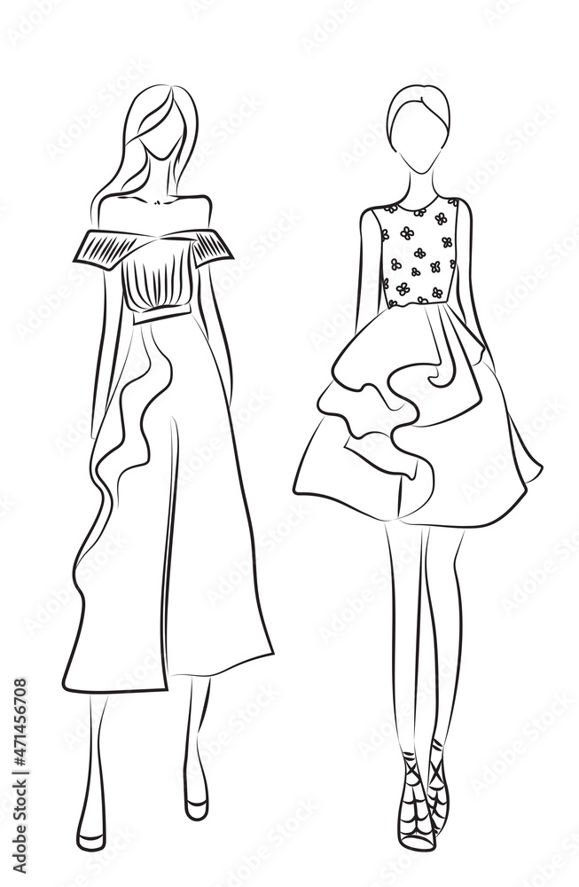 Fashion sketch. Models wearing stylish clothes on white background, illustration