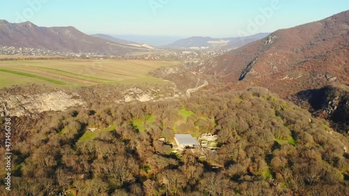 Aerial view Dmanisi museum reserve building with valley panorama in Georgia. Famous 1,8 billion years old hominins fossils discovery archeological site photo