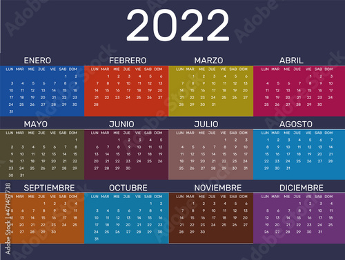 Calendario 2022 en español de colores