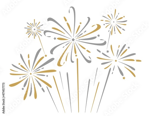 Fireworks are golden on a white background. A banner with festive fireworks. Vector