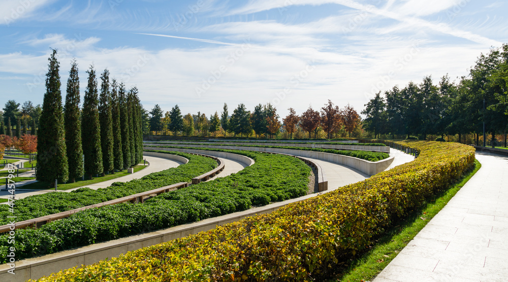 Landscape with semicircular terraces with sage and Physocarpus opulifolius Nugget or Ninebark with golden leaves. Top view of city park Krasnodar or Galitsky park in sunny autumn 2021