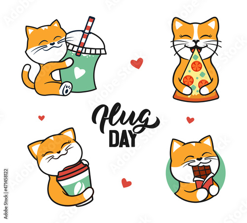 The set of cats hugging food is good for hug day, stickers. The logo kittens are love pizza, chocolate, cocktail, coffee is good for holiday designs. The vector illustration