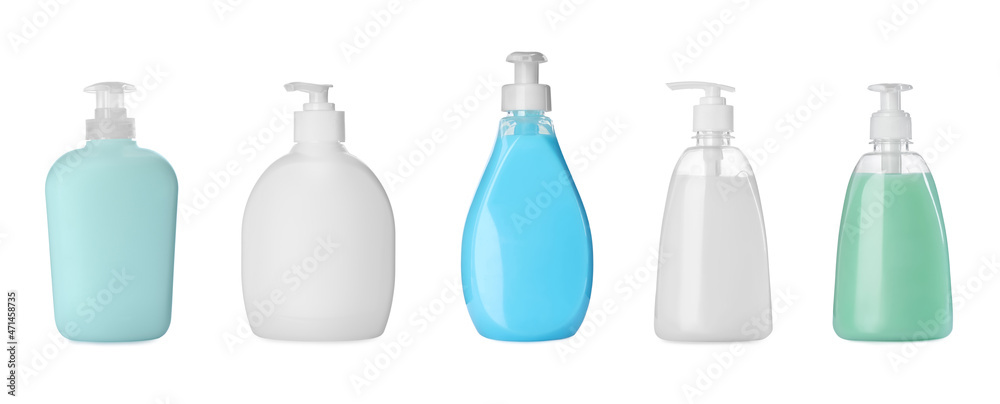 Set with different bottles of liquid soap on white background. Banner design Set with different bottles of liquid soap on white background. Banner design