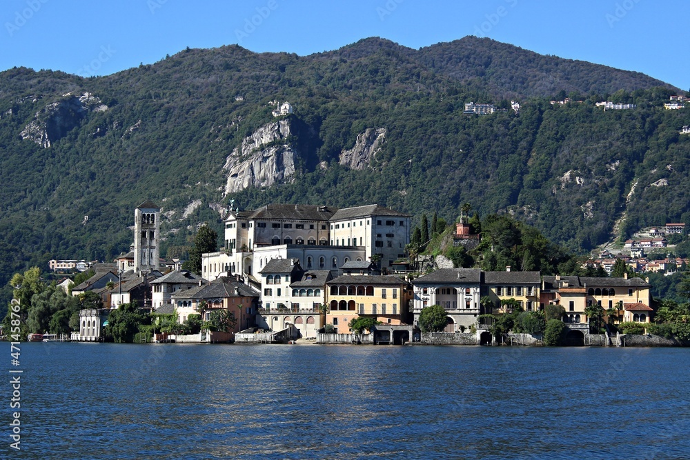 Italy, Piedmont: Foreshortening of Saint Giulio Island on Orta Lake.