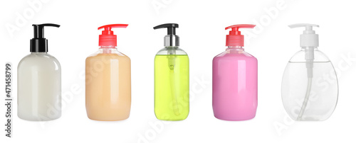 Set with different bottles of liquid soap on white background. Banner design