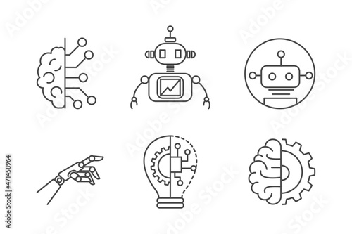 Artificial Intelligence, cyborg, robot, robotics, cybernetic icon set. Outline thin line illustrations. 